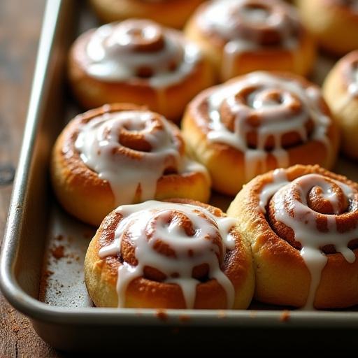 Et brett med nybakte kanelboller med melisglasur.